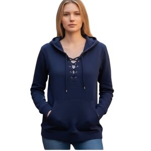 Lauren Ralph Lauren Preppy Navy Lace-Up Fleece Hoodie Casual Athleisure Small
